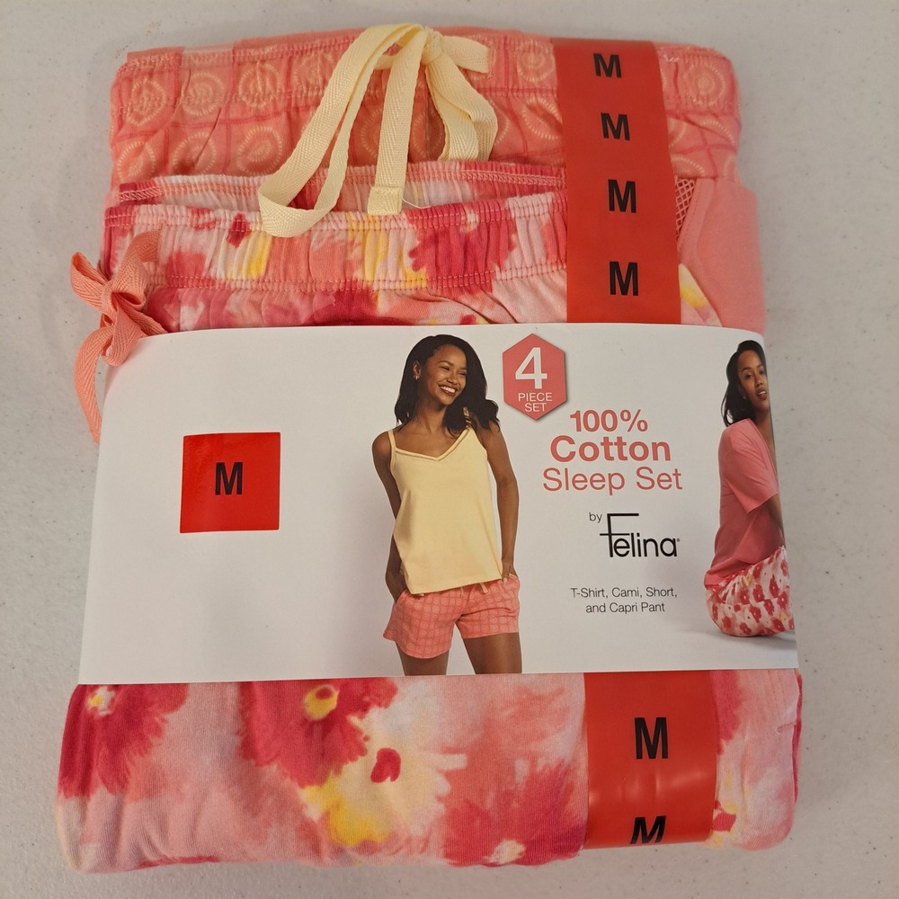 Felina Womens Sleep Set M Pink NWT 4pc Cotton Tee Cami Short 1728-280